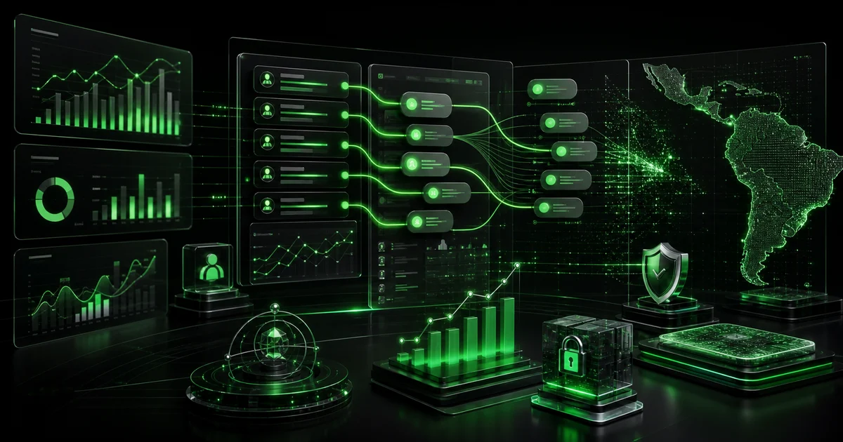 Dashboard oscuro de marketing fintech con IA, analítica, WhatsApp y flujos de adquisición en LATAM