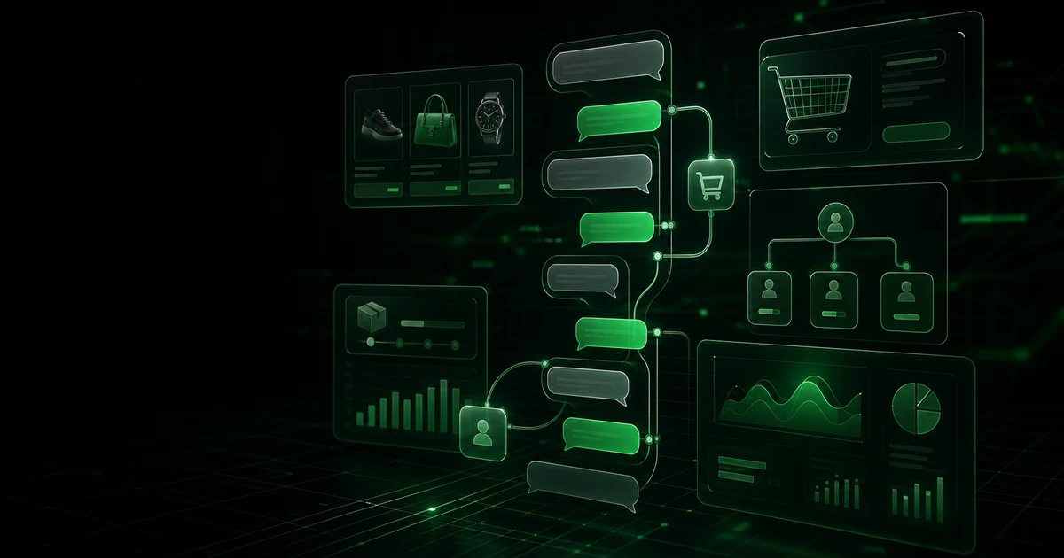 Panel oscuro de ecommerce con agente de WhatsApp, recuperación de carritos, CRM y analítica