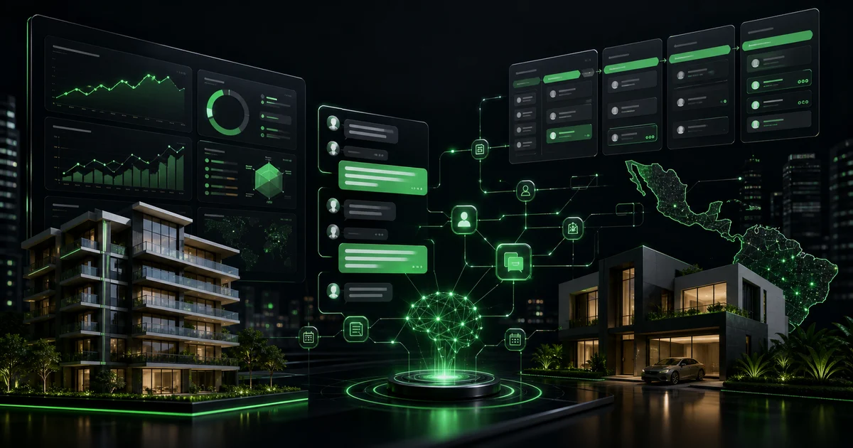 Dashboard oscuro de agente de WhatsApp con IA, CRM inmobiliario y analítica comercial para México