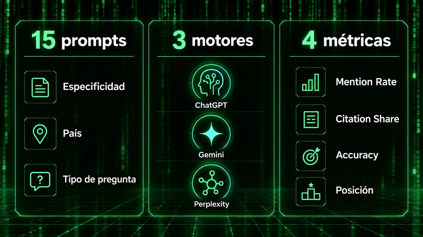 Diagrama de auditoría de presencia de marca en ChatGPT, Gemini y Perplexity con 15 prompts y cuatro métricas