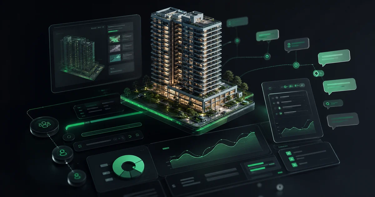 Landing inmobiliaria 3D con torre residencial, panel de unidades y señales de leads