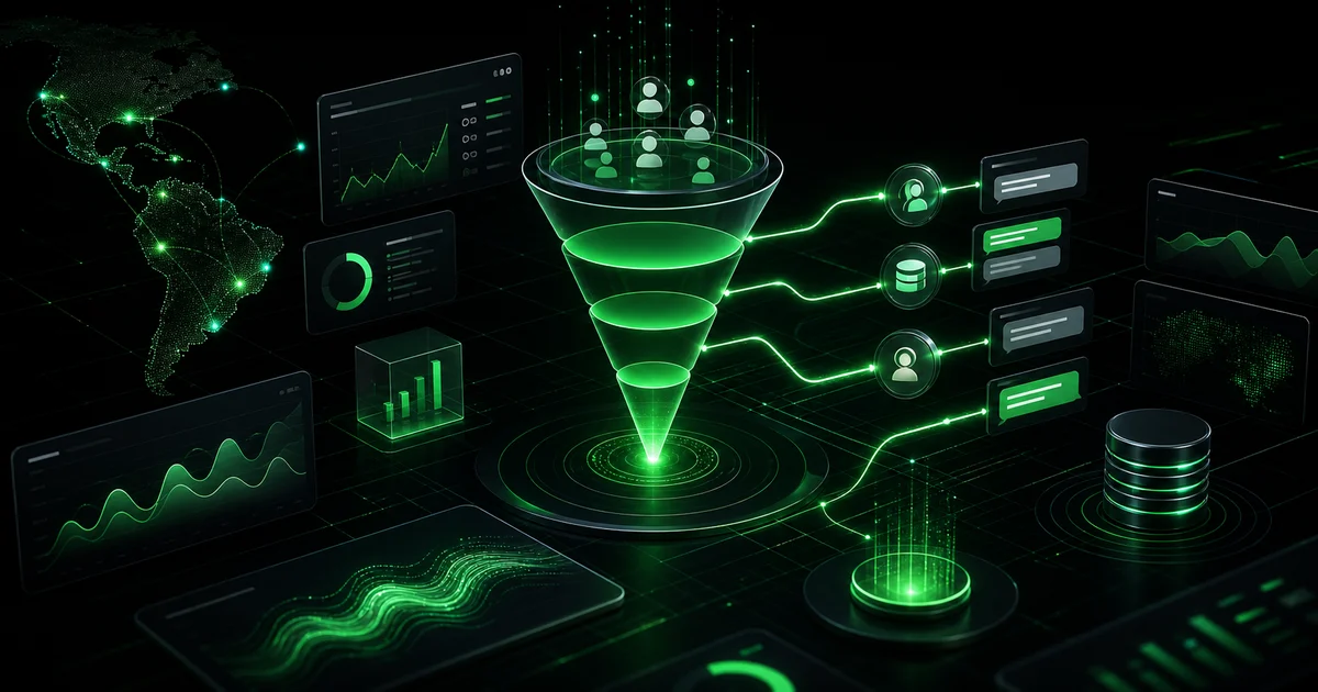 Dashboard oscuro de marketing fintech con IA, paneles de leads y señales de CRM