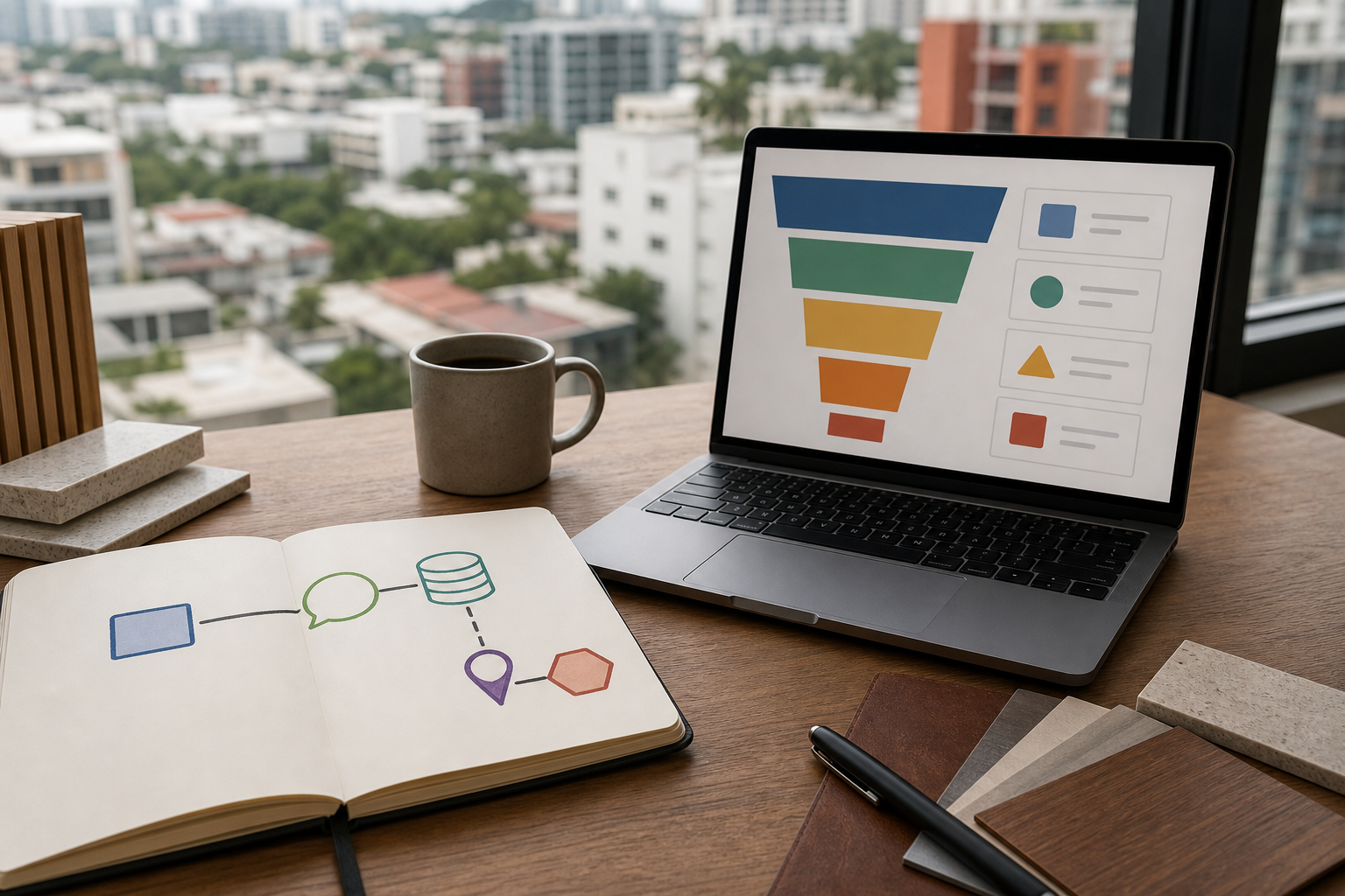 Mesa de trabajo inmobiliaria con un diagrama visual que conecta campañas, WhatsApp, CRM, visitas y apartados.