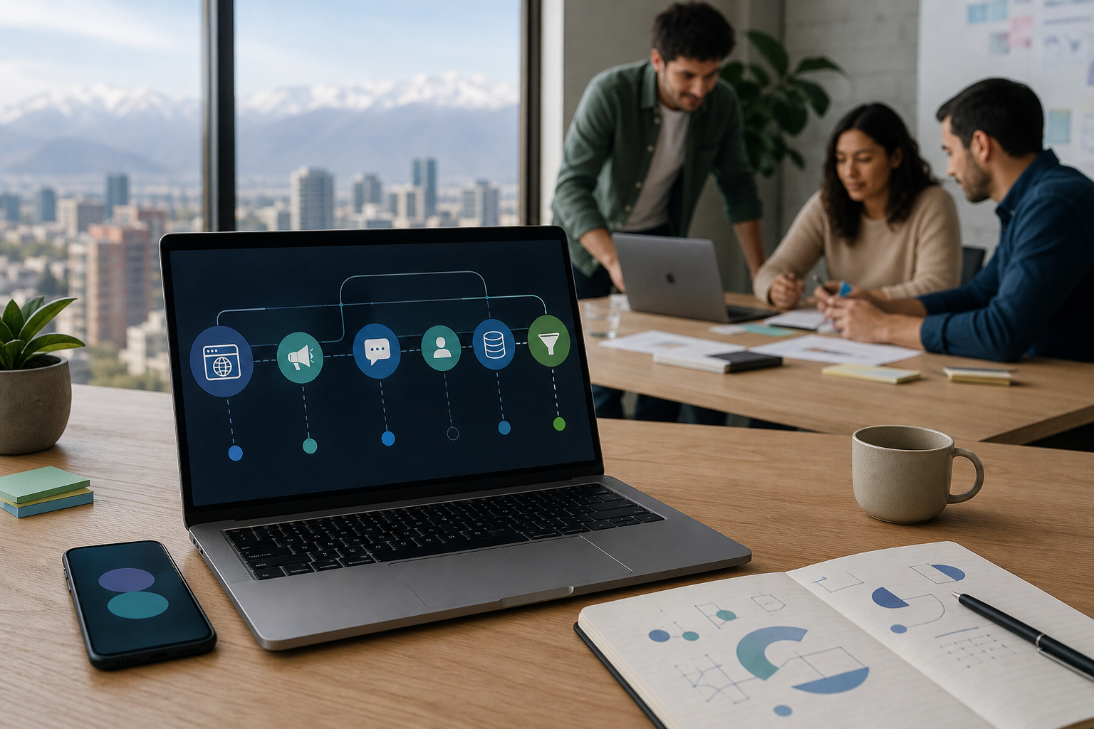 Mesa de trabajo con un flujo visual abstracto que conecta marketing, WhatsApp y CRM en un contexto latinoamericano