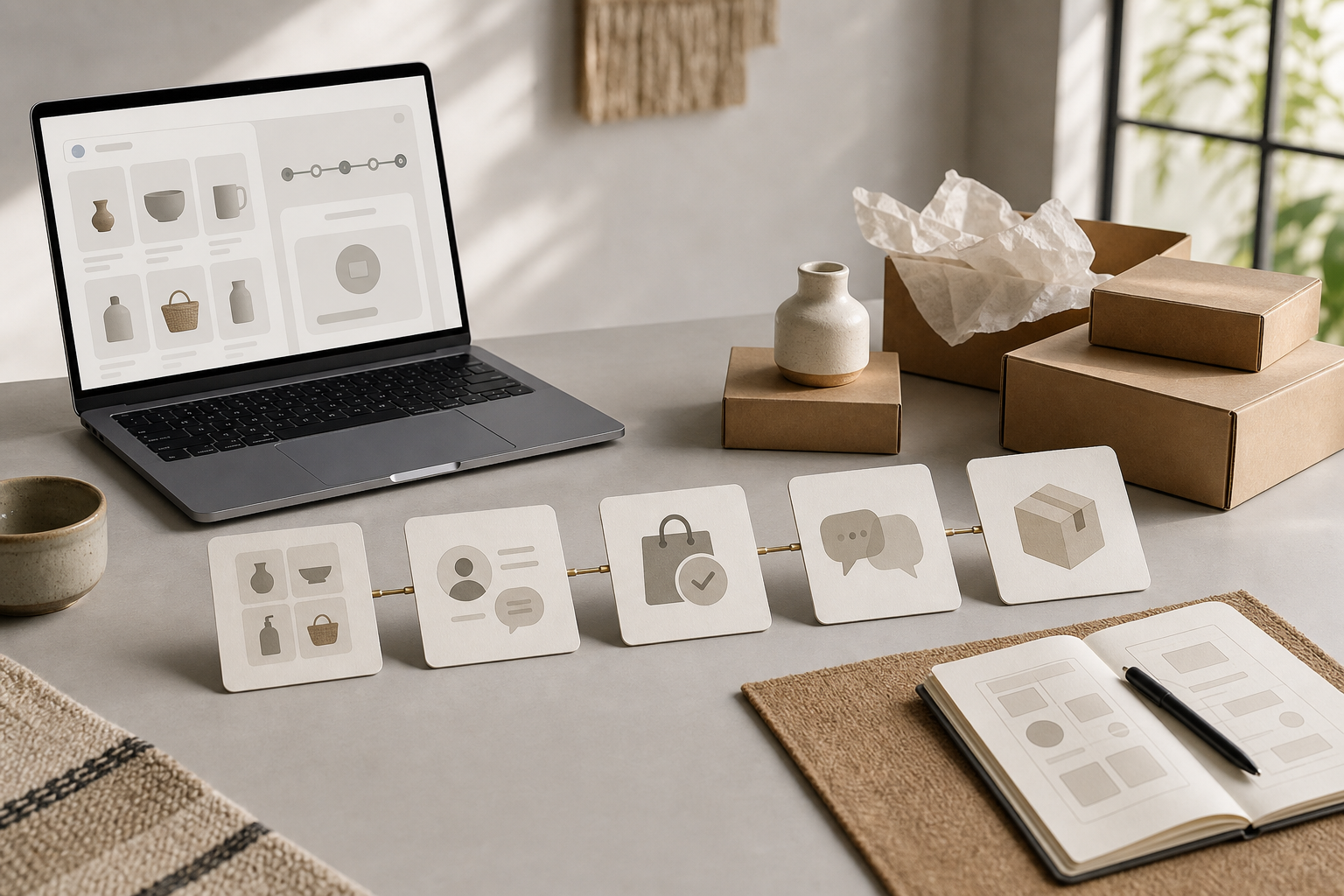 Mesa de trabajo conceptual con catálogo, recorrido de compra y matriz de decisiones para un ecommerce mexicano