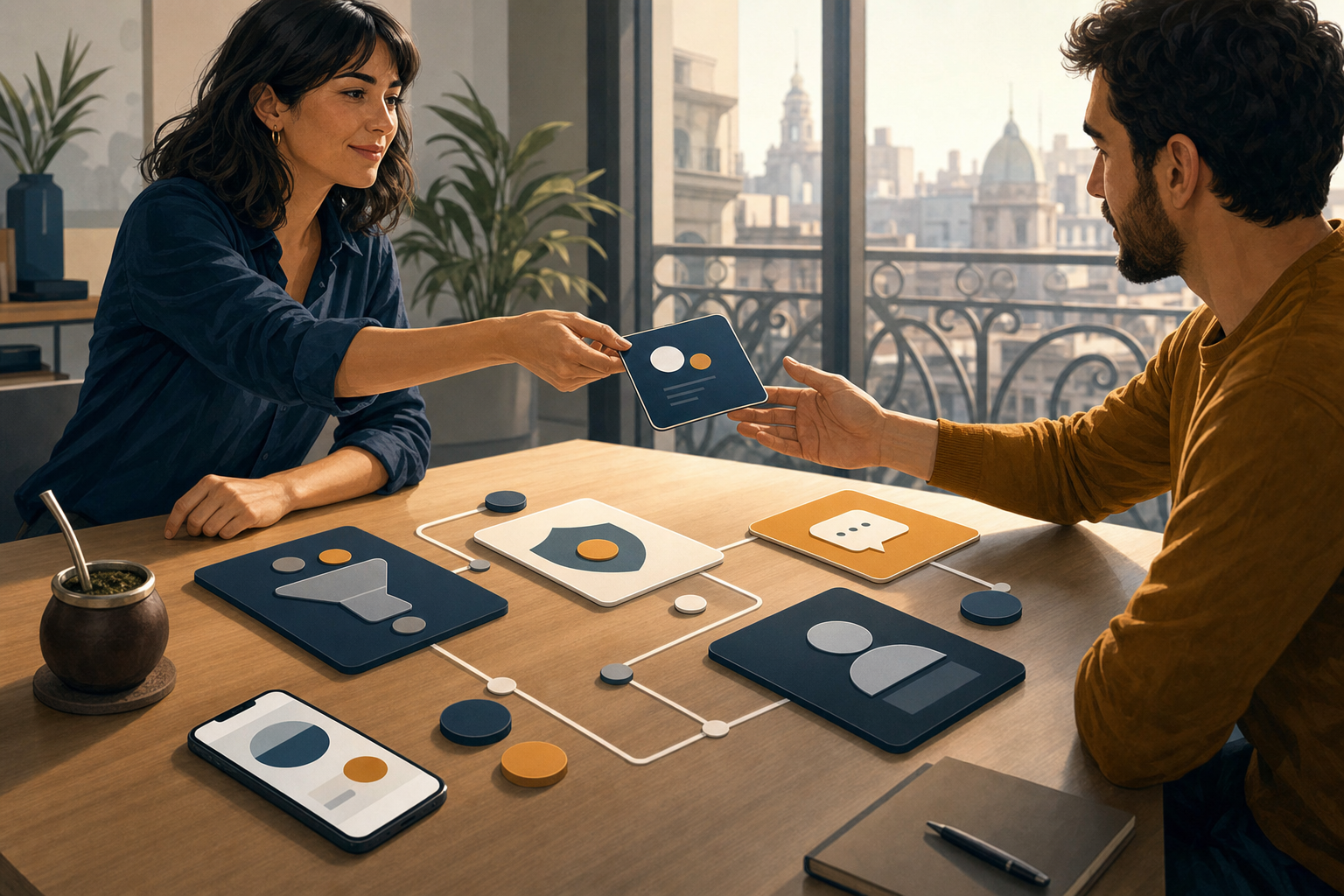 Ilustración editorial de un flujo fintech que conecta demanda, confianza, WhatsApp, CRM y atribución en una mesa de trabajo en Buenos Aires