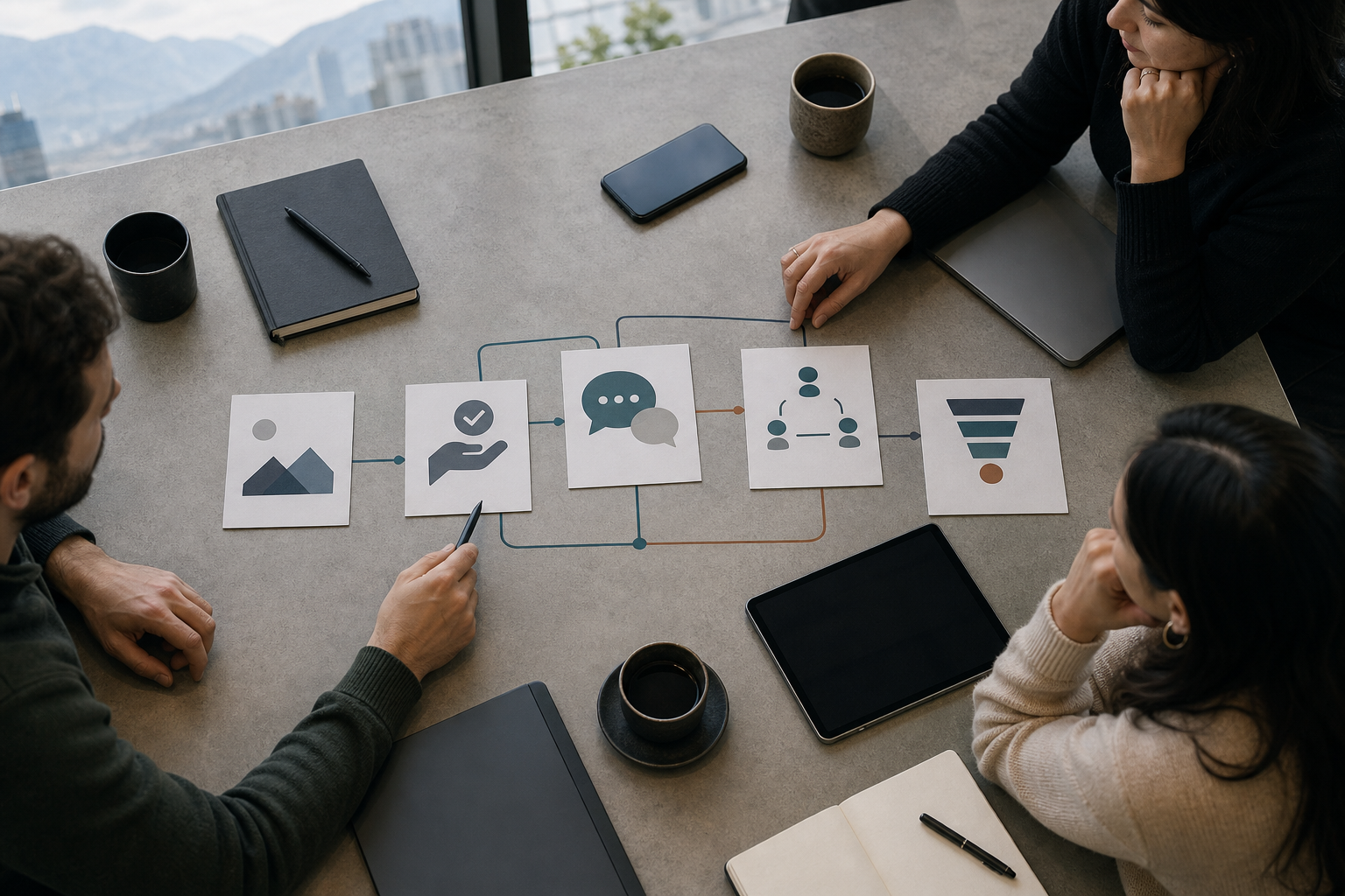 Equipo fintech revisa en una mesa un flujo visual de contenido, control humano, WhatsApp, CRM y pipeline.