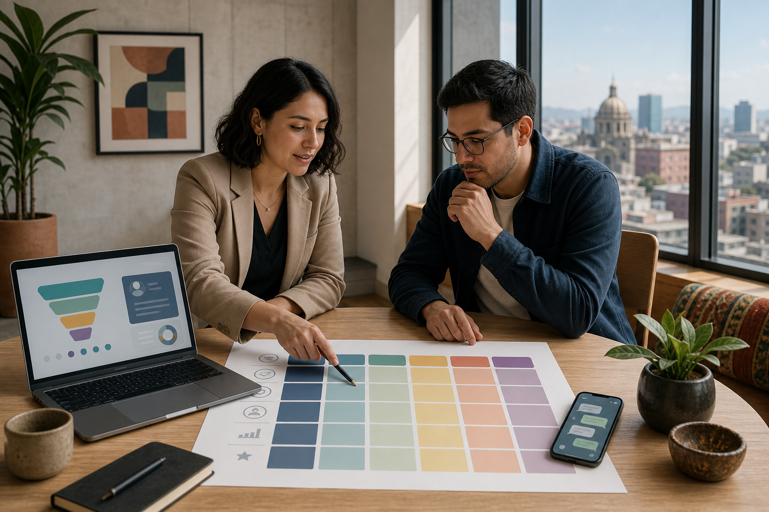 Equipo de marketing fintech en México revisando una matriz de decisiones y un flujo de CRM