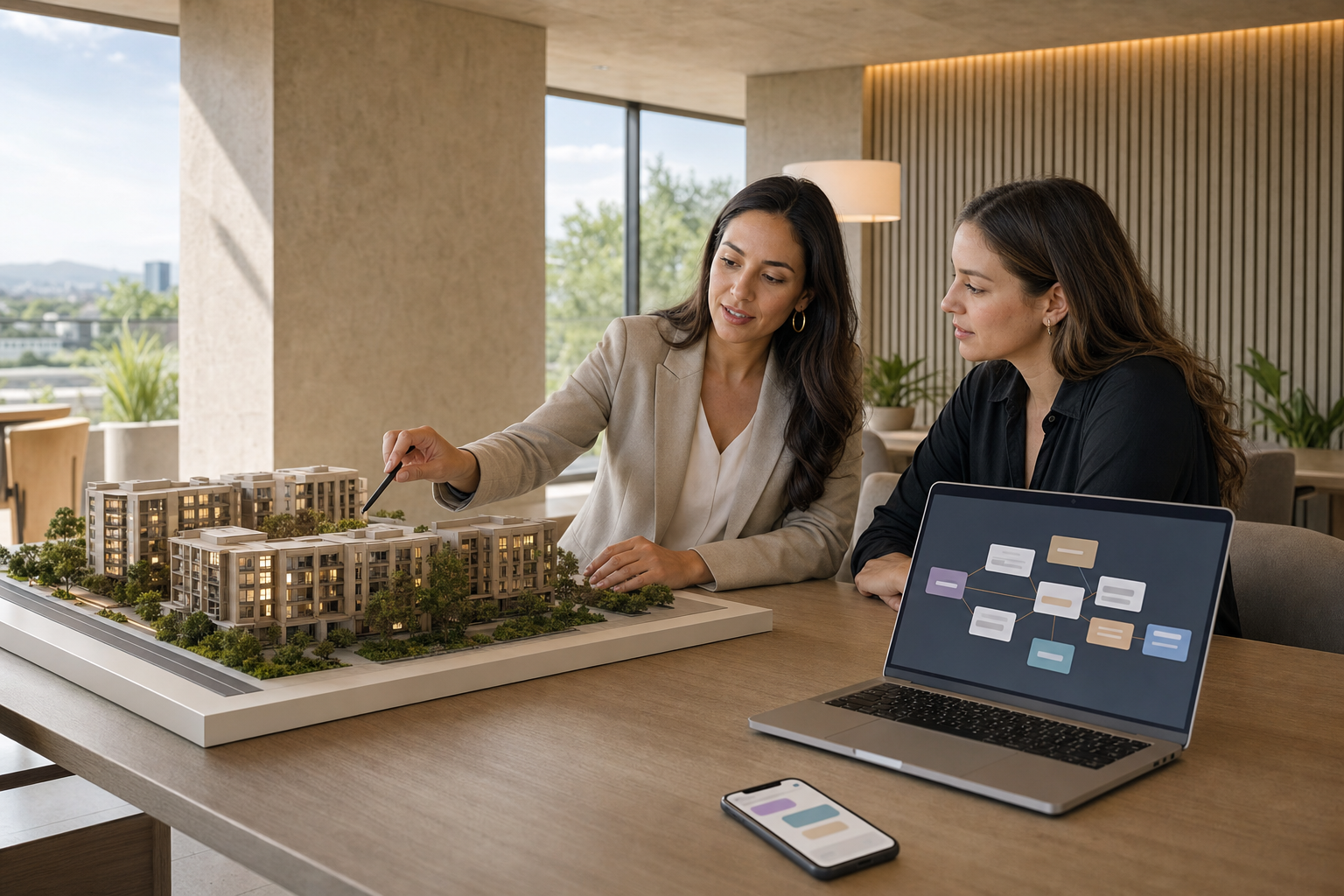 Equipo inmobiliario en México revisa un modelo arquitectónico, una conversación móvil y un flujo comercial en una laptop.
