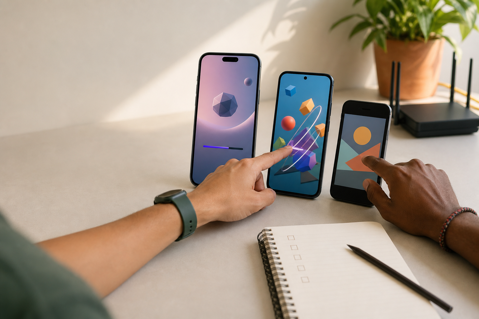 Tres celulares de distintas gamas en una mesa de pruebas muestran carga, interacción 3D y fallback de una experiencia WebGL.