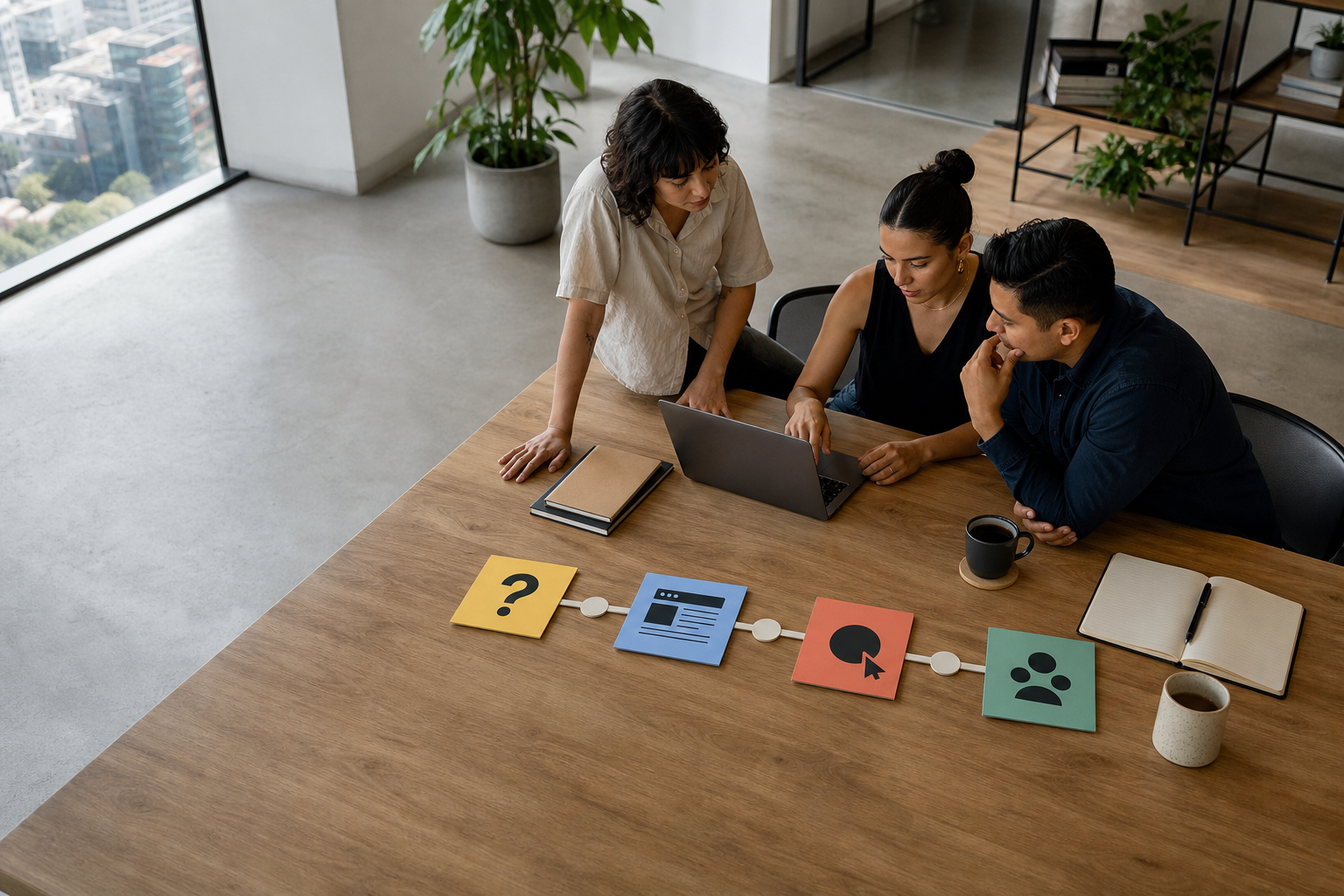 Equipo B2B organiza un flujo visual entre una consulta, una página, una acción comercial y el CRM.
